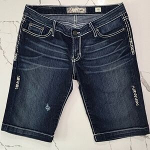 BKE Stella Women’s Embellished Thick Stitching Dark Wash Blue Denim Jeans shorts